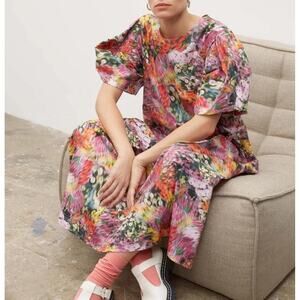 Kowtow Dusk Dress Hazy Floral Puff Sleeve Midi Avant Garde Pockets SZ S